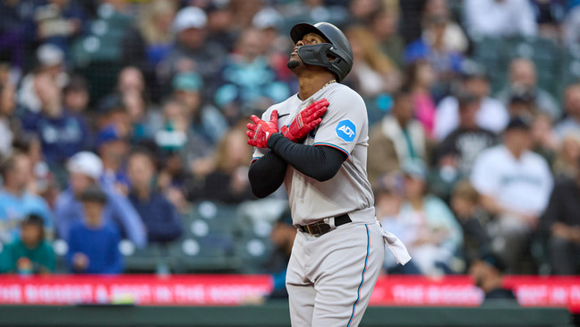 Miami Marlins' Jorge Soler celebrates his solo home run off Seattle Mariners starting pitcher Luis Castillo during the sixth inning of a baseball game Wednesday, June 14, 2023, in Seattle. (AP Photo/John Froschauer)