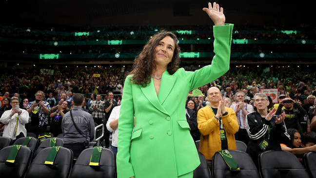 SEATTLE, WASHINGTON - JUNE 09: Sue Bird acknowledges the crowd before the game between the Seattle Storm and the Washington Mystics and her jersey retirement ceremony at The Space Needle on June 09, 2023 in Seattle, Washington. (Photo by Steph Chambers/Getty Images)