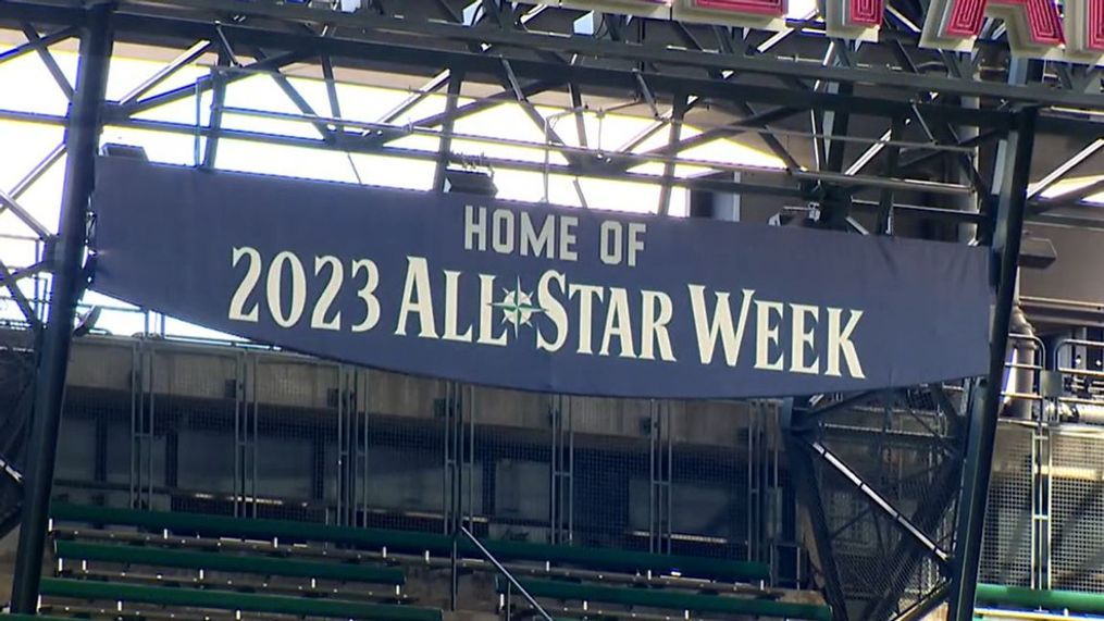 A 2023 MLB All-Star Week banner hangs in T-Mobile Park, home of the Seattle Mariners. (KOMO News)